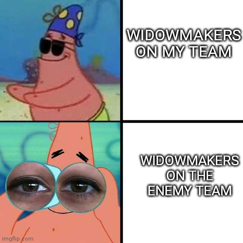 Or when you switch to Widowmaker to counter the other Widowmaker | WIDOWMAKERS ON MY TEAM; WIDOWMAKERS ON THE ENEMY TEAM | image tagged in patrick star blind,overwatch,overwatch memes | made w/ Imgflip meme maker