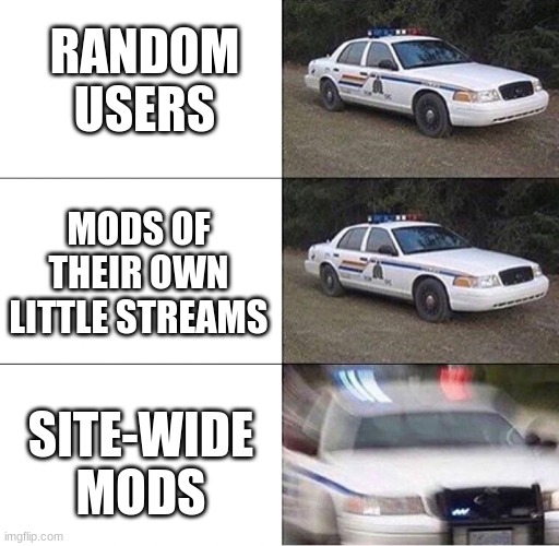 Police Car  | RANDOM USERS; MODS OF THEIR OWN LITTLE STREAMS; SITE-WIDE MODS | image tagged in police car | made w/ Imgflip meme maker