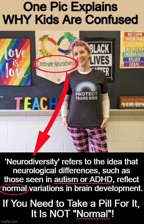 Some Teachers Should Not Teach | One Pic Explains 
WHY Kids Are Confused; 'Neurodiversity' refers to the idea that 
neurological differences, such as 
those seen in autism or ADHD, reflect 
normal variations in brain development. _________; If You Need to Take a Pill For It, 
It Is NOT "Normal"! ______ | image tagged in politics,political humor,neurodiversity,autism,adhd,new normal | made w/ Imgflip meme maker