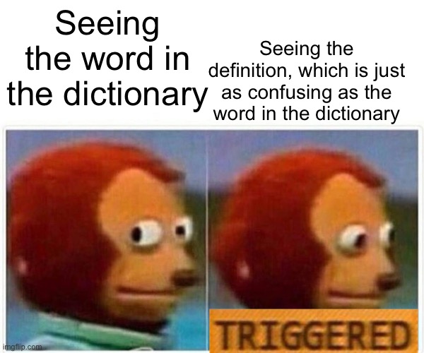 Relatable memes #2 | Seeing the definition, which is just as confusing as the word in the dictionary; Seeing the word in the dictionary | image tagged in memes,monkey puppet | made w/ Imgflip meme maker