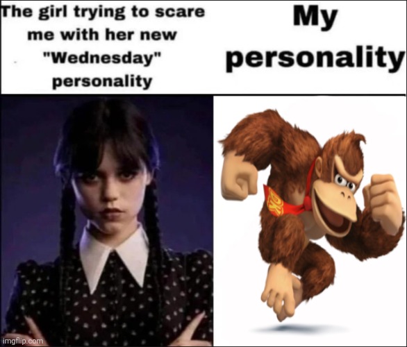 DK | image tagged in the girl trying to scare me with her new wednesday personality,dk,donkey kong,gaming,memes,meme | made w/ Imgflip meme maker