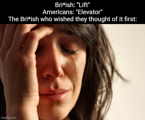 Out of all the words, they missed THAT one | Bri*ish: "Lift"
Americans: "Elevator"
The Bri*ish who wished they thought of it first: | image tagged in memes,first world problems | made w/ Imgflip meme maker