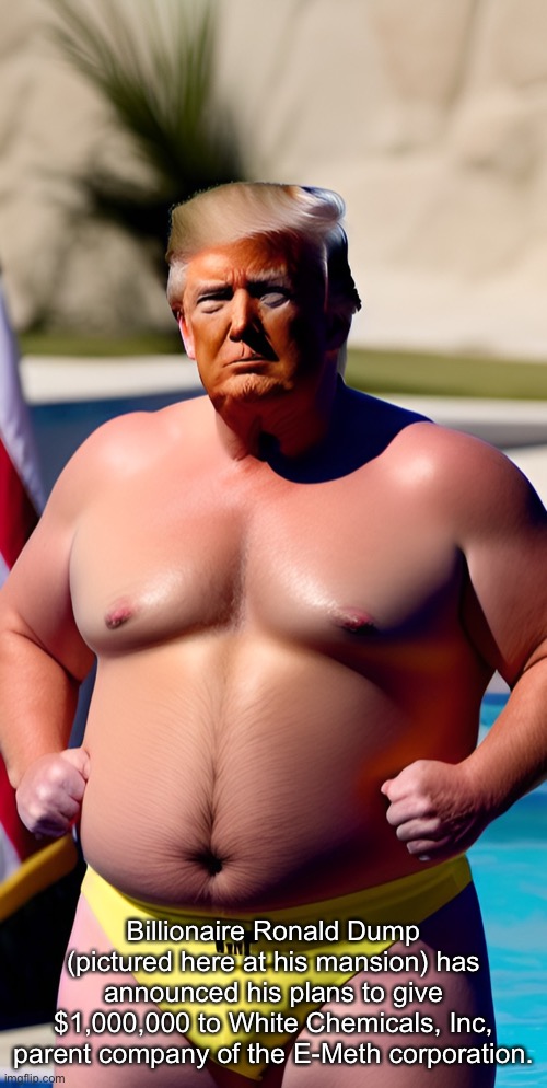 Billionaire Ronald Dump (pictured here at his mansion) has announced his plans to give $1,000,000 to White Chemicals, Inc, parent company of the E-Meth corporation. | made w/ Imgflip meme maker