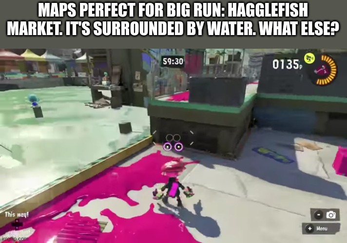 MAPS PERFECT FOR BIG RUN: HAGGLEFISH MARKET. IT'S SURROUNDED BY WATER. WHAT ELSE? | image tagged in splatoon | made w/ Imgflip meme maker