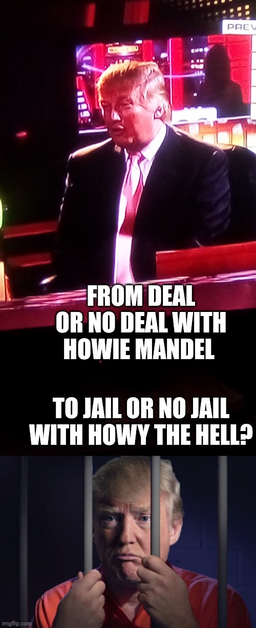 FROM DEAL OR NO DEAL WITH HOWIE MANDEL; TO JAIL OR NO JAIL WITH HOWY THE HELL? | image tagged in trump meme,trump in jail | made w/ Imgflip meme maker