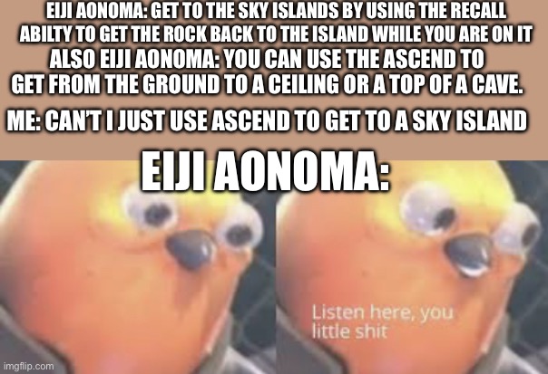 Do it | EIJI AONOMA: GET TO THE SKY ISLANDS BY USING THE RECALL ABILTY TO GET THE ROCK BACK TO THE ISLAND WHILE YOU ARE ON IT; ALSO EIJI AONOMA: YOU CAN USE THE ASCEND TO GET FROM THE GROUND TO A CEILING OR A TOP OF A CAVE. ME: CAN’T I JUST USE ASCEND TO GET TO A SKY ISLAND; EIJI AONOMA: | image tagged in listen here you little shit bird | made w/ Imgflip meme maker