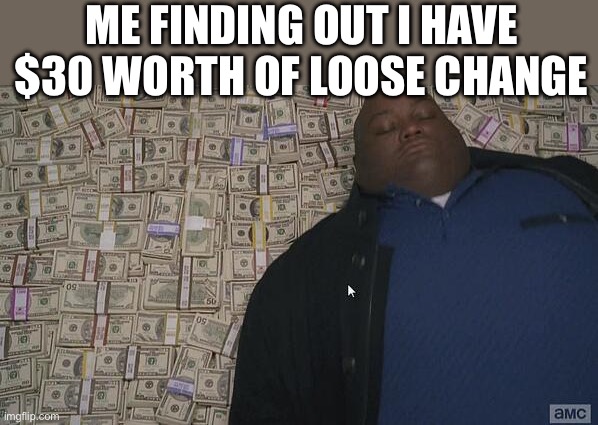 I’M RICH | ME FINDING OUT I HAVE $30 WORTH OF LOOSE CHANGE | image tagged in fat guy in money | made w/ Imgflip meme maker