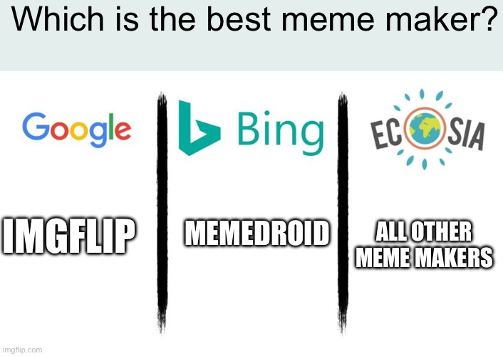 google bing | Which is the best meme maker? ALL OTHER MEME MAKERS; MEMEDROID; IMGFLIP | image tagged in google bing | made w/ Imgflip meme maker