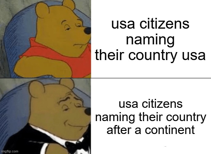 Tuxedo Winnie The Pooh Meme | usa citizens naming their country usa; usa citizens naming their country after a continent | image tagged in memes,tuxedo winnie the pooh | made w/ Imgflip meme maker
