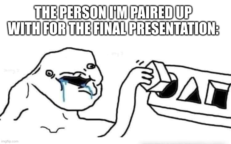WHY must they pick the dumbest person possible for this? | THE PERSON I'M PAIRED UP WITH FOR THE FINAL PRESENTATION: | image tagged in stupid dumb drooling puzzle,dumb people,school | made w/ Imgflip meme maker