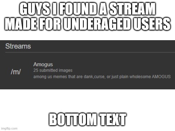 O Sh#t | GUYS I FOUND A STREAM MADE FOR UNDERAGED USERS; BOTTOM TEXT | image tagged in memes,caught in 4k,underaged users,bottom text,idk,oh wow are you actually reading these tags | made w/ Imgflip meme maker