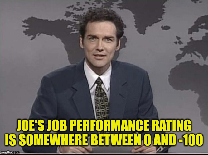 Weekend Update with Norm | JOE'S JOB PERFORMANCE RATING IS SOMEWHERE BETWEEN 0 AND -100 | image tagged in weekend update with norm | made w/ Imgflip meme maker