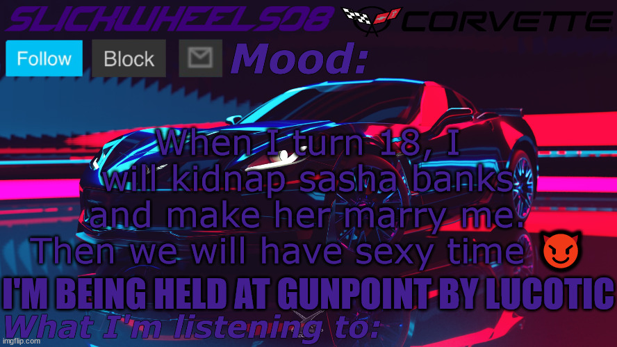 Slickwheels08 | When I turn 18, I will kidnap sasha banks and make her marry me. Then we will have sexy time 😈; I'M BEING HELD AT GUNPOINT BY LUCOTIC | image tagged in slickwheels08 | made w/ Imgflip meme maker
