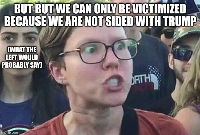 Triggered Liberal | BUT BUT WE CAN ONLY BE VICTIMIZED BECAUSE WE ARE NOT SIDED WITH TRUMP (WHAT THE LEFT WOULD PROBABLY SAY) | image tagged in triggered liberal | made w/ Imgflip meme maker