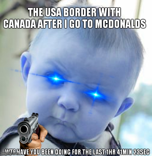 Skeptical Baby Meme | THE USA BORDER WITH CANADA AFTER I GO TO MCDONALDS; WTF HAVE YOU BEEN DOING FOR THE LAST 1HR 41MIN 23SEC | image tagged in memes,skeptical baby | made w/ Imgflip meme maker
