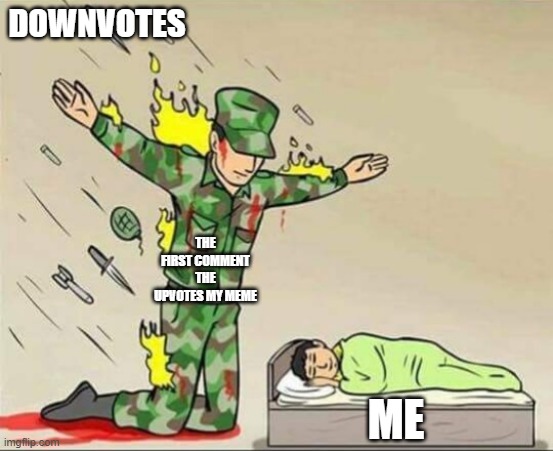 DOWNVOTES THE FIRST COMMENT THE UPVOTES MY MEME ME | image tagged in soldier protecting sleeping child | made w/ Imgflip meme maker