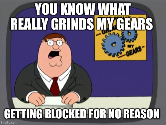 Happens to me sometimes. So annoying. | YOU KNOW WHAT REALLY GRINDS MY GEARS; GETTING BLOCKED FOR NO REASON | image tagged in memes,peter griffin news | made w/ Imgflip meme maker