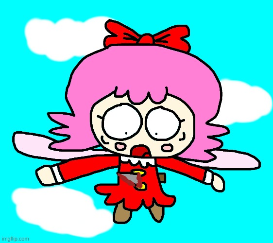 Ribbon is stabbed with a knife up in the sky | image tagged in kirby,gore,blood,funny,cute,parody | made w/ Imgflip meme maker