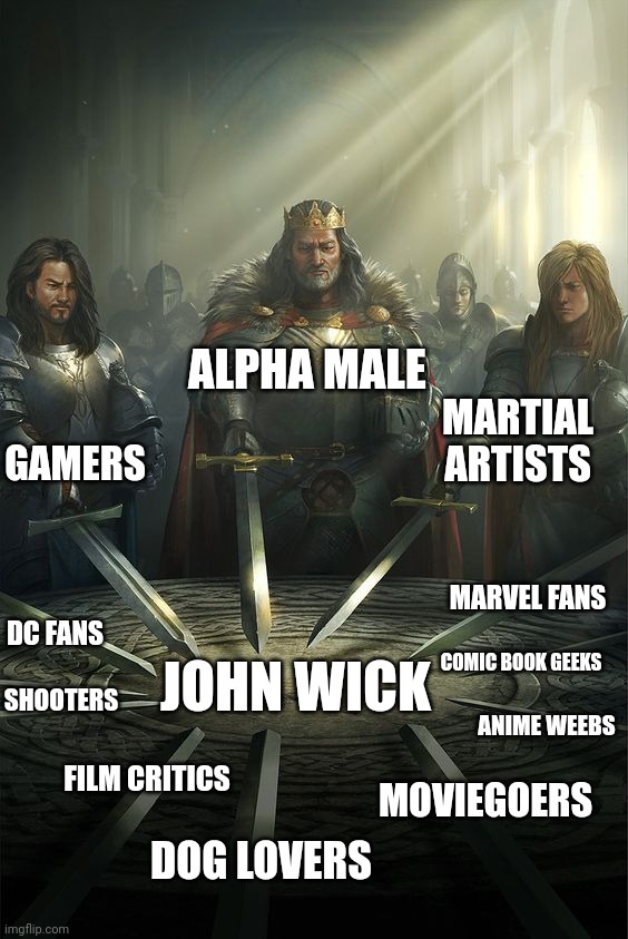 Unite for the One True King | ALPHA MALE; MARTIAL ARTISTS; GAMERS; MARVEL FANS; DC FANS; COMIC BOOK GEEKS; JOHN WICK; SHOOTERS; ANIME WEEBS; FILM CRITICS; MOVIEGOERS; DOG LOVERS | image tagged in knights of the round table,john wick,anime,gamers,movies,martial arts | made w/ Imgflip meme maker