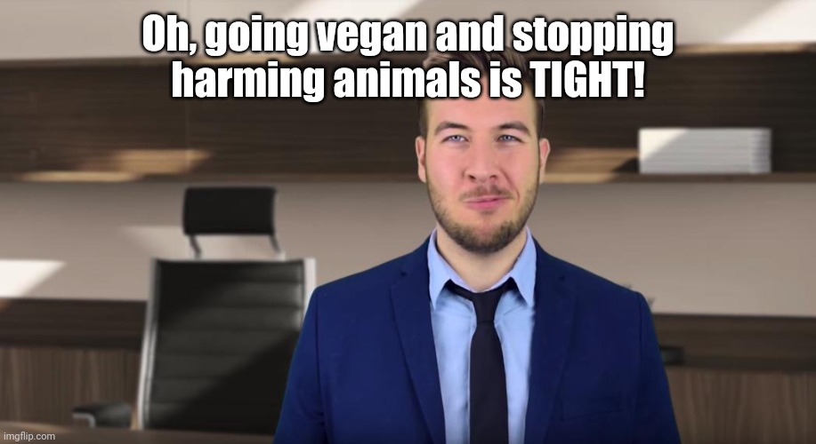 Not harming animals is TIGHT! | Oh, going vegan and stopping harming animals is TIGHT! | image tagged in ryan george pitch meeting,vegan,veganism,animal rights,memes,vegan logic | made w/ Imgflip meme maker