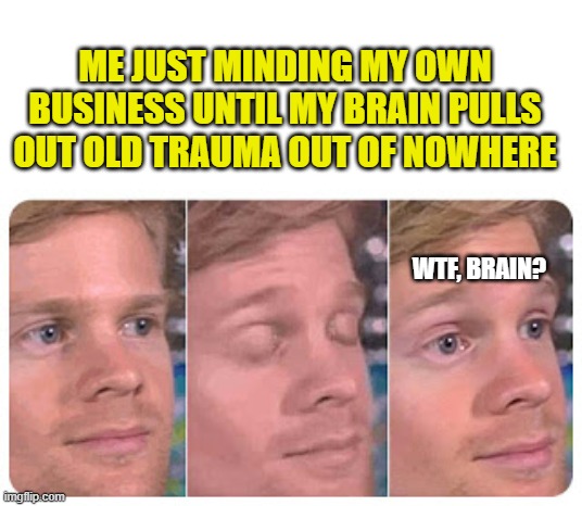 Blinking Guy | ME JUST MINDING MY OWN BUSINESS UNTIL MY BRAIN PULLS OUT OLD TRAUMA OUT OF NOWHERE; WTF, BRAIN? | image tagged in blinking guy | made w/ Imgflip meme maker