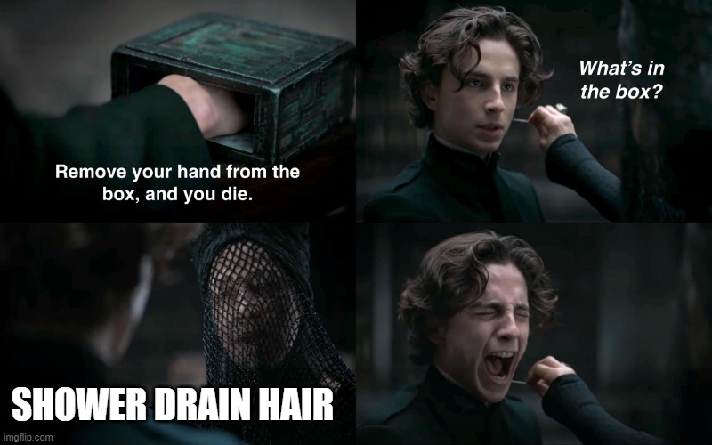 It's the worst | SHOWER DRAIN HAIR | image tagged in dune what's in the box | made w/ Imgflip meme maker