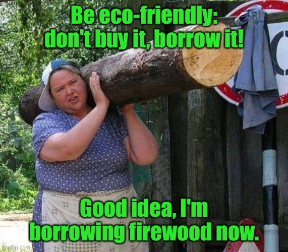 Don’t buy it, borrow it. | Be eco-friendly: don't buy it, borrow it! Good idea, I'm borrowing firewood now. | image tagged in eco friendly,do not buy it,borrow it,borrowing firewood,fun | made w/ Imgflip meme maker