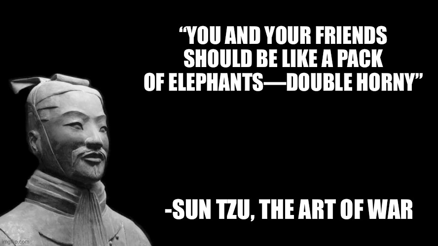 Wise words from a wise man | “YOU AND YOUR FRIENDS SHOULD BE LIKE A PACK OF ELEPHANTS—DOUBLE HORNY”; -SUN TZU, THE ART OF WAR | image tagged in sun tzu | made w/ Imgflip meme maker