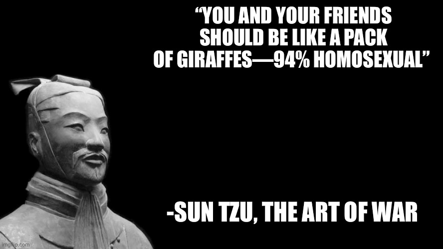 Wisdom from a wise man | “YOU AND YOUR FRIENDS SHOULD BE LIKE A PACK OF GIRAFFES—94% HOMOSEXUAL”; -SUN TZU, THE ART OF WAR | image tagged in sun tzu | made w/ Imgflip meme maker