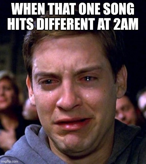 I just be sobbing at 2am | WHEN THAT ONE SONG HITS DIFFERENT AT 2AM | image tagged in crying peter parker | made w/ Imgflip meme maker