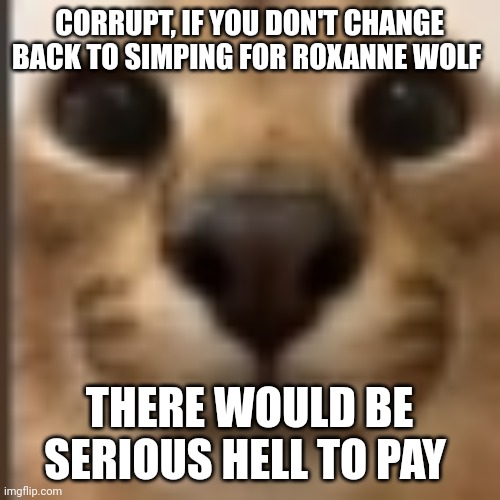 Whar | CORRUPT, IF YOU DON'T CHANGE BACK TO SIMPING FOR ROXANNE WOLF; THERE WOULD BE SERIOUS HELL TO PAY | image tagged in whar | made w/ Imgflip meme maker