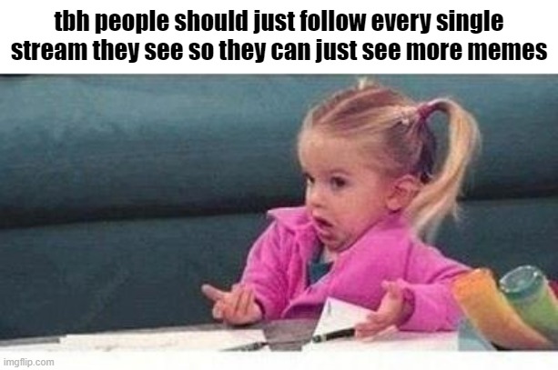 im not wrong am i..? | tbh people should just follow every single stream they see so they can just see more memes | image tagged in mems,memes,funny,fun,streams,shrug | made w/ Imgflip meme maker