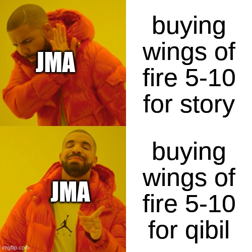 Drake Hotline Bling | buying wings of fire 5-10 for story; JMA; buying wings of fire 5-10 for qibil; JMA | image tagged in memes,drake hotline bling | made w/ Imgflip meme maker