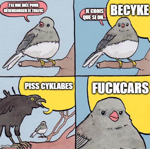 Interrupting bird | BECYKE; J'AI UNE IDÉE POUR DÉSENGORGER LE TRAFIC; JE CROIS QUE SI ON... FUCKCARS; PISS CYKLABES | image tagged in interrupting bird,QuebecLibre | made w/ Imgflip meme maker