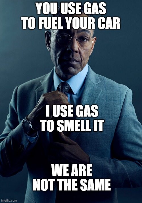 free epic Mett | YOU USE GAS TO FUEL YOUR CAR; I USE GAS TO SMELL IT; WE ARE NOT THE SAME | image tagged in gus fring we are not the same | made w/ Imgflip meme maker