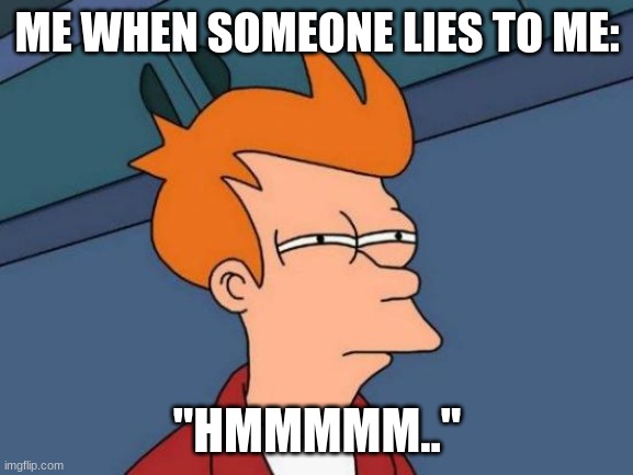 hmm.. | ME WHEN SOMEONE LIES TO ME:; "HMMMMM.." | image tagged in memes,futurama fry | made w/ Imgflip meme maker