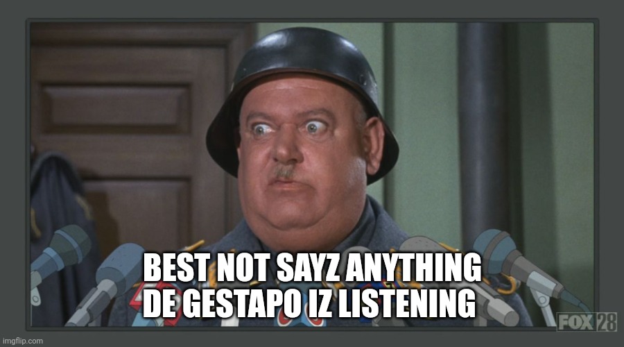 Sgt. Shultz | BEST NOT SAYZ ANYTHING
DE GESTAPO IZ LISTENING | image tagged in sgt shultz | made w/ Imgflip meme maker