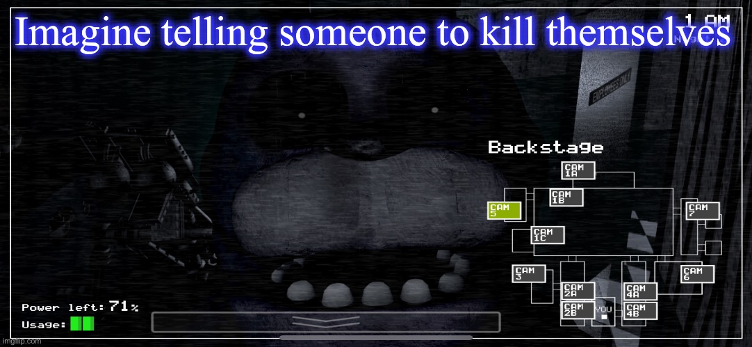 Bonnie staring into camera | Imagine telling someone to kill themselves | image tagged in bonnie staring into camera | made w/ Imgflip meme maker