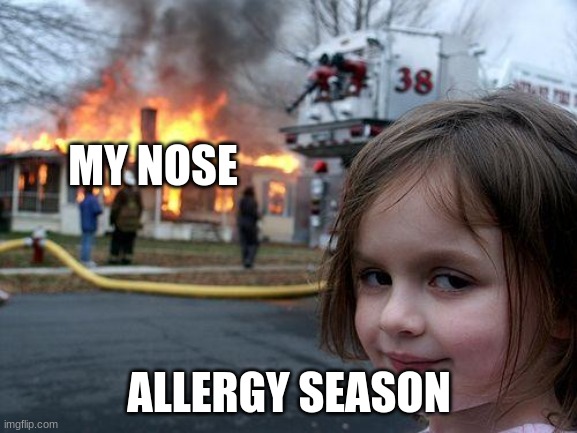 Bro | MY NOSE; ALLERGY SEASON | image tagged in memes,disaster girl | made w/ Imgflip meme maker