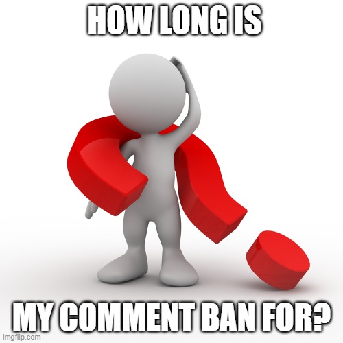 question mark  | HOW LONG IS; MY COMMENT BAN FOR? | image tagged in question mark | made w/ Imgflip meme maker