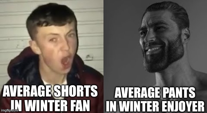 I don’t get why ppl do this | AVERAGE SHORTS IN WINTER FAN; AVERAGE PANTS IN WINTER ENJOYER | image tagged in average enjoyer meme | made w/ Imgflip meme maker