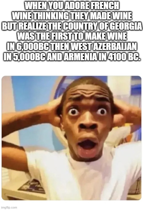 Georgia was the first country to make wine then Azerbaijan and then Armenia. | WHEN YOU ADORE FRENCH WINE THINKING THEY MADE WINE BUT REALIZE THE COUNTRY OF GEORGIA WAS THE FIRST TO MAKE WINE IN 6,000BC THEN WEST AZERBAIJAN IN 5,000BC AND ARMENIA IN 4100 BC. | image tagged in black guy suprised,wine | made w/ Imgflip meme maker