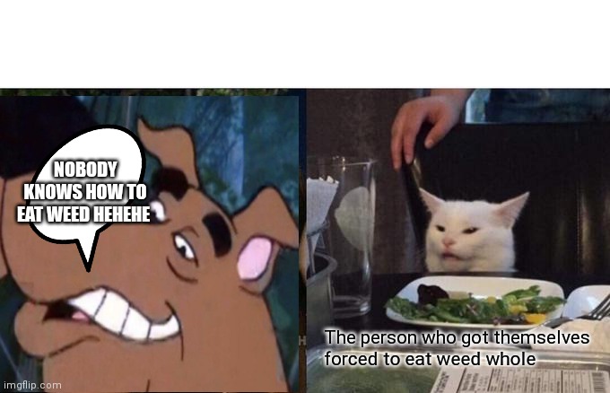 Scooby making a cat eat weed | NOBODY KNOWS HOW TO EAT WEED HEHEHE; The person who got themselves forced to eat weed whole | image tagged in memes,woman yelling at cat,funny memes | made w/ Imgflip meme maker