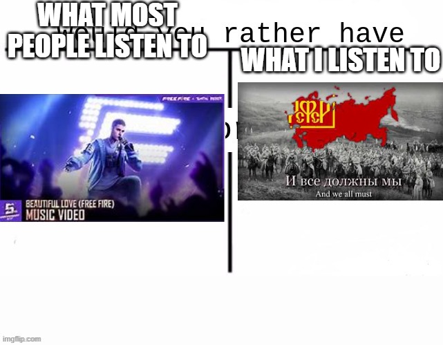 Would you rather have template | WHAT MOST PEOPLE LISTEN TO; WHAT I LISTEN TO | image tagged in would you rather have template | made w/ Imgflip meme maker