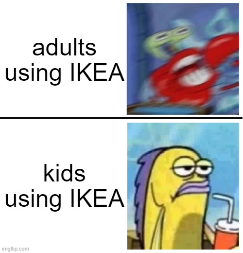 Excited vs Bored | adults using IKEA; kids using IKEA | image tagged in excited vs bored | made w/ Imgflip meme maker