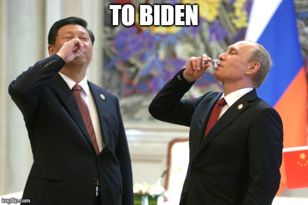 When your enemies see you destroying your country | TO BIDEN | image tagged in xi jinping vladimir putin toast,biden war on america,hunter laptop,bidenflation,weaponized feds,woke military | made w/ Imgflip meme maker