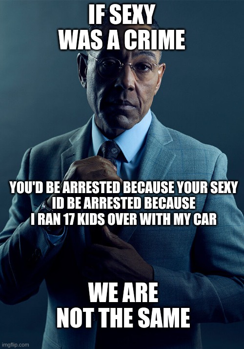 Gus Fring we are not the same | IF SEXY WAS A CRIME; YOU'D BE ARRESTED BECAUSE YOUR SEXY
ID BE ARRESTED BECAUSE I RAN 17 KIDS OVER WITH MY CAR; WE ARE NOT THE SAME | image tagged in gus fring we are not the same | made w/ Imgflip meme maker