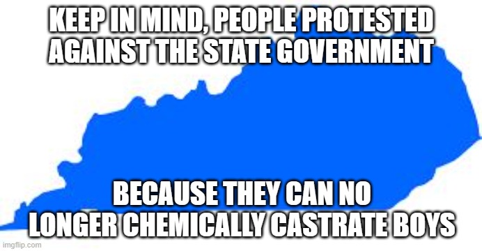 Kentucky | KEEP IN MIND, PEOPLE PROTESTED AGAINST THE STATE GOVERNMENT; BECAUSE THEY CAN NO LONGER CHEMICALLY CASTRATE BOYS | image tagged in kentucky | made w/ Imgflip meme maker