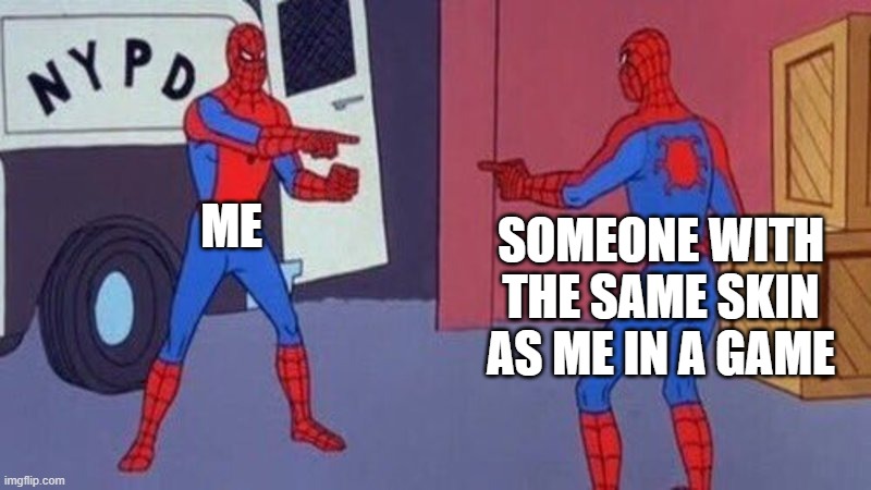 spiderman pointing at spiderman | ME; SOMEONE WITH THE SAME SKIN AS ME IN A GAME | image tagged in spiderman pointing at spiderman | made w/ Imgflip meme maker