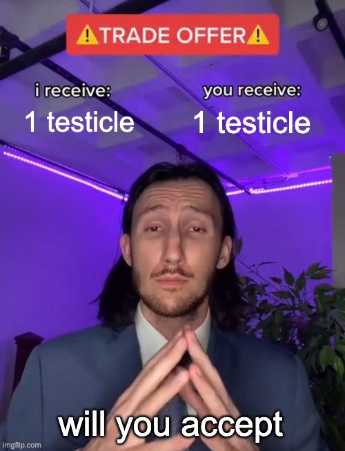 will you accept | 1 testicle; 1 testicle; will you accept | image tagged in trade offer | made w/ Imgflip meme maker